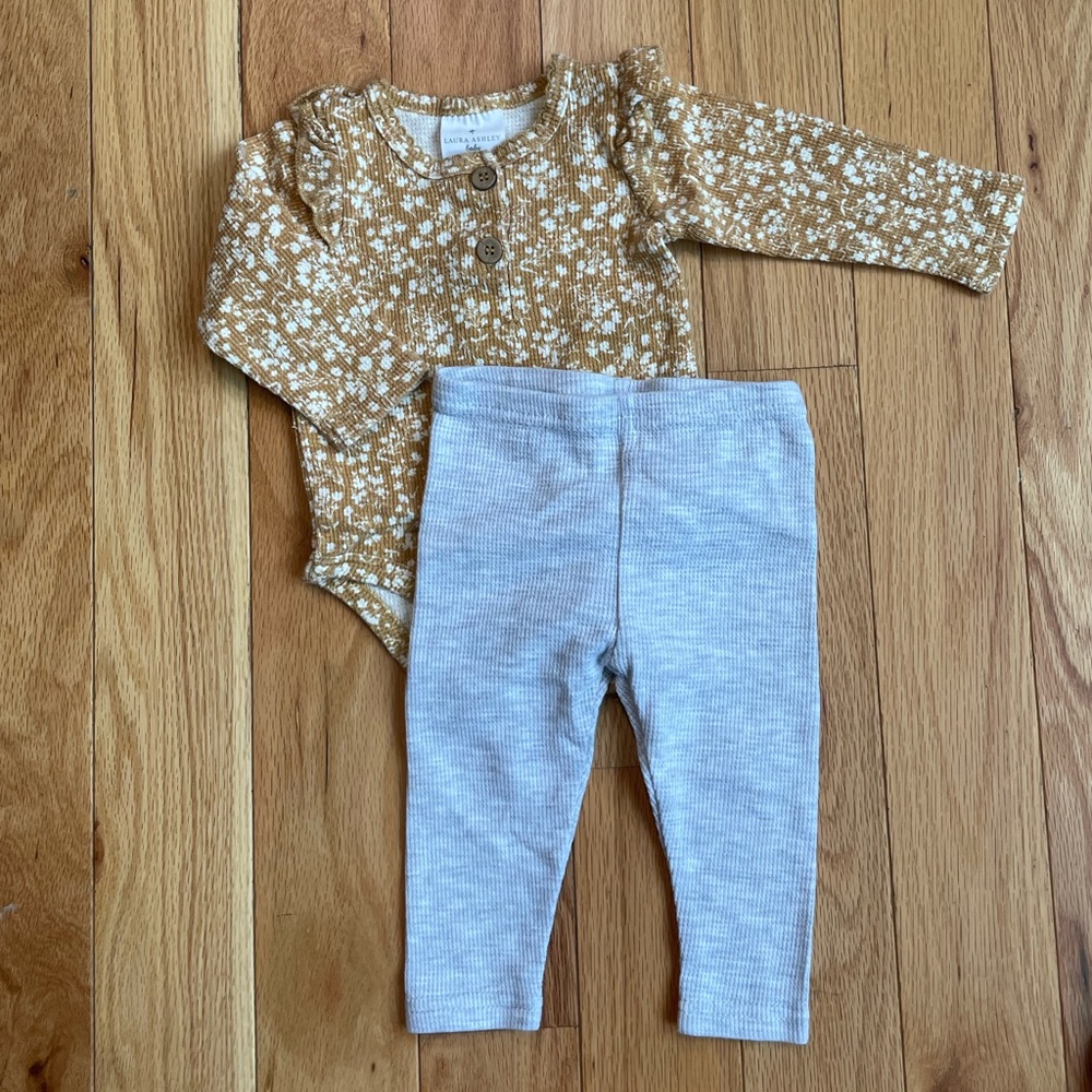 3-6 Months mustard yellow and grey ribbed Laura Ashley Onesie and Pants Set